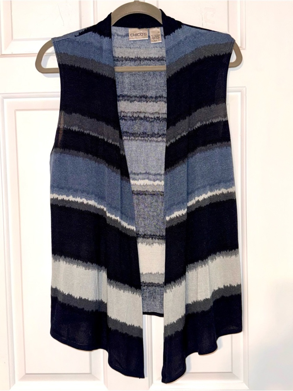 Chico's Blue Gray Striped Open-Front drape Sweater Vest cardigan M